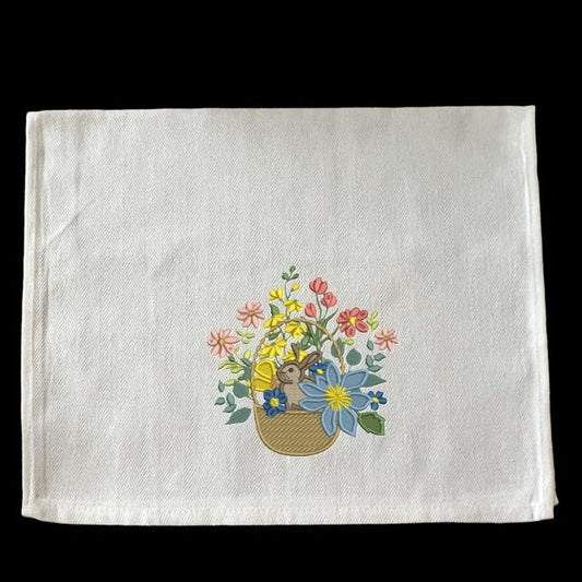 Embroidered Bunny in a Basket with Flowers - Palm Tree Stitching & Design