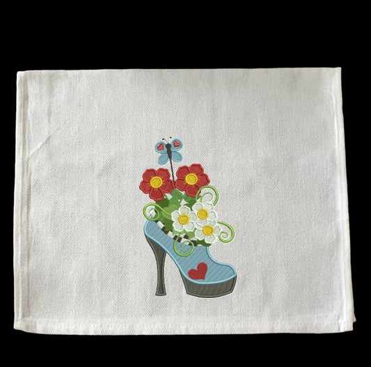 Embroidered Flowers in High-Heel Shoe - Palm Tree Stitching & Design